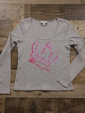 Juicy Couture Crown Thermal Top Women’s Small Gray Pink Y2K Graphic